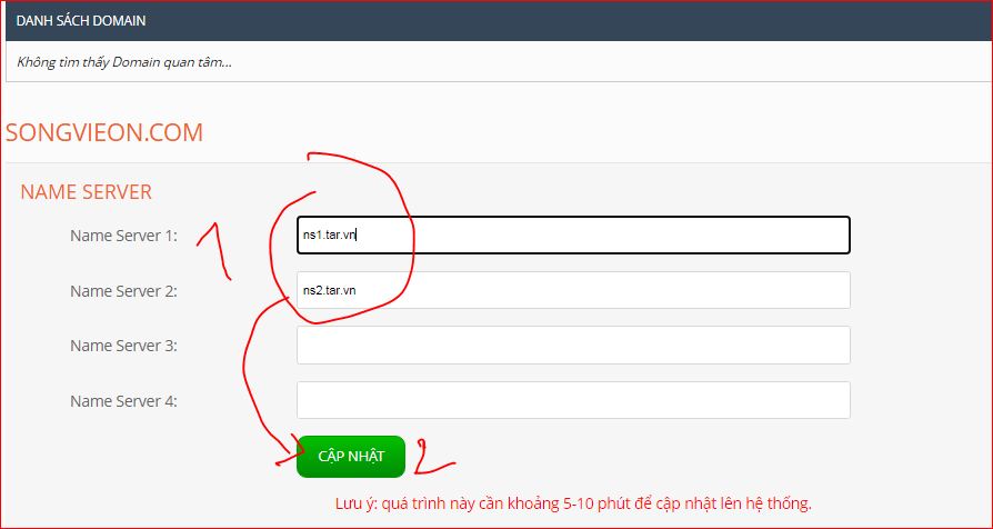 cap nhat name server cho ten mien